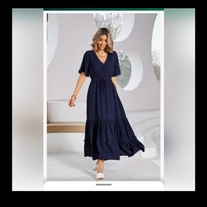 R.Vivimos Womens Summer Cotton Short Sleeve V Neck  Casual Bohemian Midi Dress